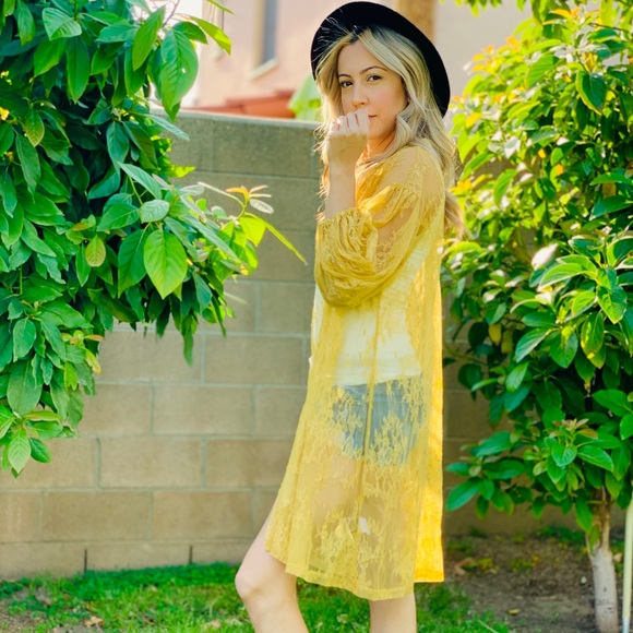 Geneies closet Sweaters - Mustard lace kimono open front midi length